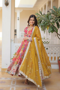 Thumbnail for Jyoti Fashion Women's Pink & Yellow Russian Silk Sequins Zari Embroidery Anarkali Dress with Dupatta - Distacart