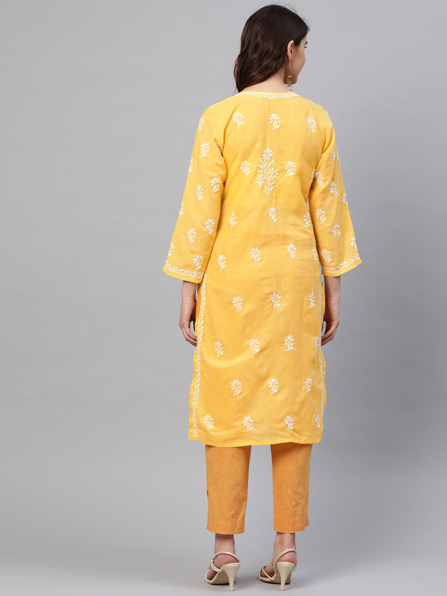 ADA Women Yellow & White Chikankari Embroidered Straight Sustainable Handloom Kurta - Distacart