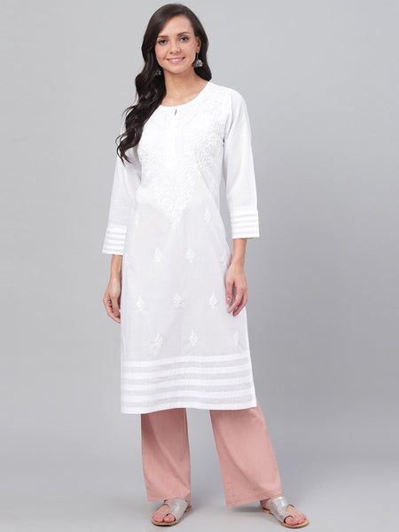 ADA Women White Chikankari Hand-Embroidered Straight Sustainable Handloom Kurta - Distacart