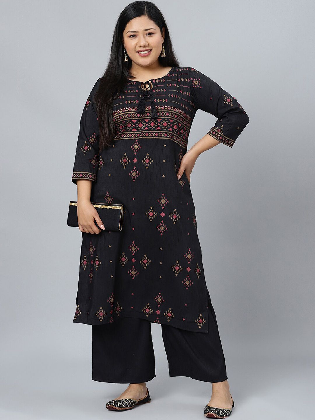 Sztori Plus Size Black Printed Keyhole Neck Straight Kurta with Palazzos - Distacart