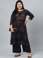 Thumbnail for Sztori Plus Size Black Printed Keyhole Neck Straight Kurta with Palazzos - Distacart