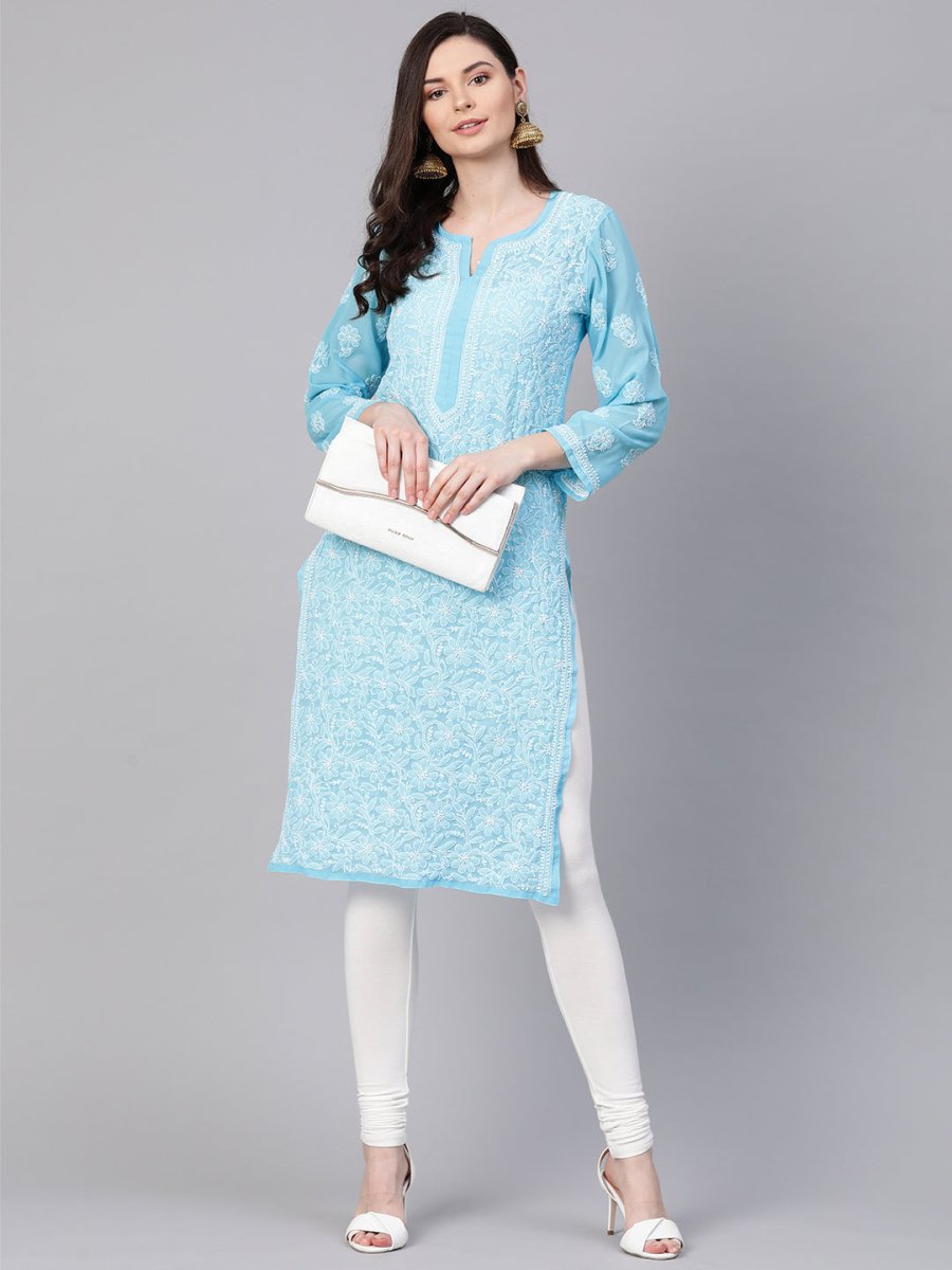 ADA Women Blue & White Chikankari Embroidered Sheer Straight Sustainable Handloom Kurta - Distacart