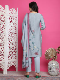 Thumbnail for Jyoti Fashion Women's Grey Muslin Floral Print with Jari & Crystal work Kurta with Trouser & Dupatta