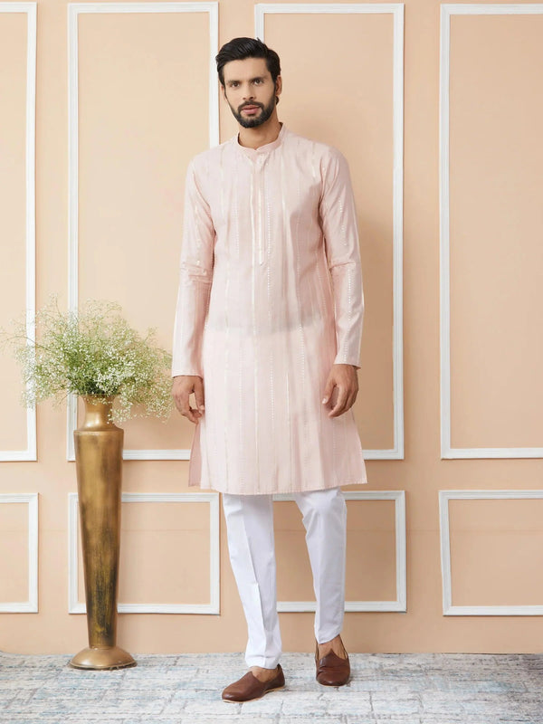 Fabmade Pink Embroidered Regular Sequinned Chanderi Silk Kurta With Pyjamas - Distacart