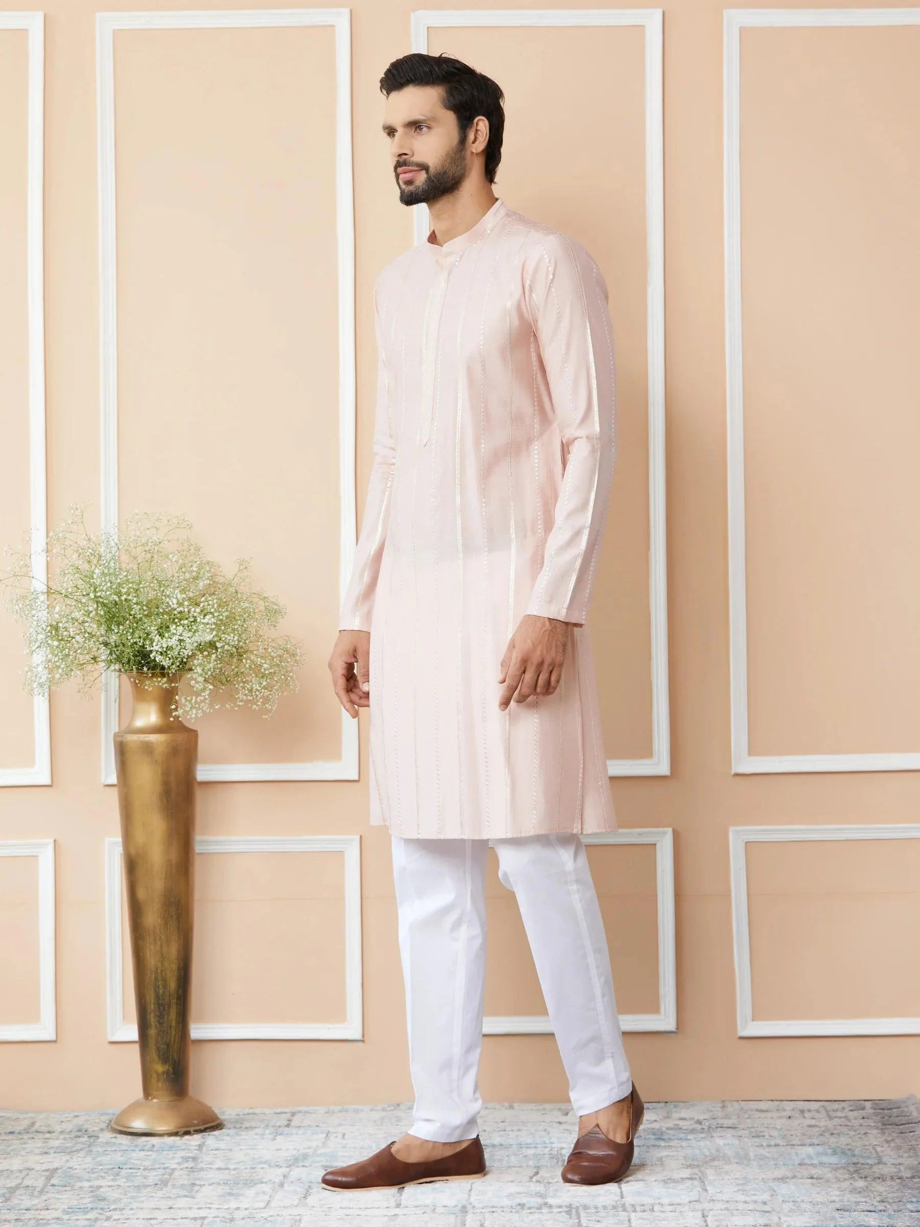 Fabmade Pink Embroidered Regular Sequinned Chanderi Silk Kurta With Pyjamas - Distacart