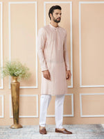 Thumbnail for Fabmade Pink Embroidered Regular Sequinned Chanderi Silk Kurta With Pyjamas - Distacart