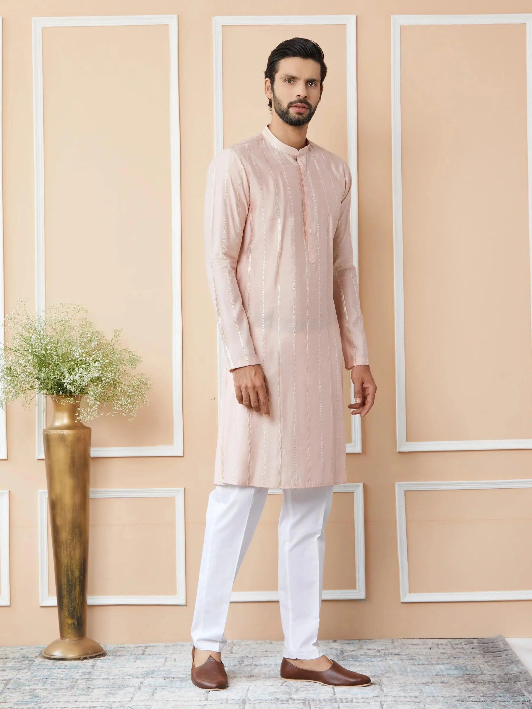 Fabmade Pink Embroidered Regular Sequinned Chanderi Silk Kurta With Pyjamas - Distacart