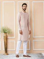 Thumbnail for Fabmade Pink Embroidered Regular Sequinned Chanderi Silk Kurta With Pyjamas - Distacart