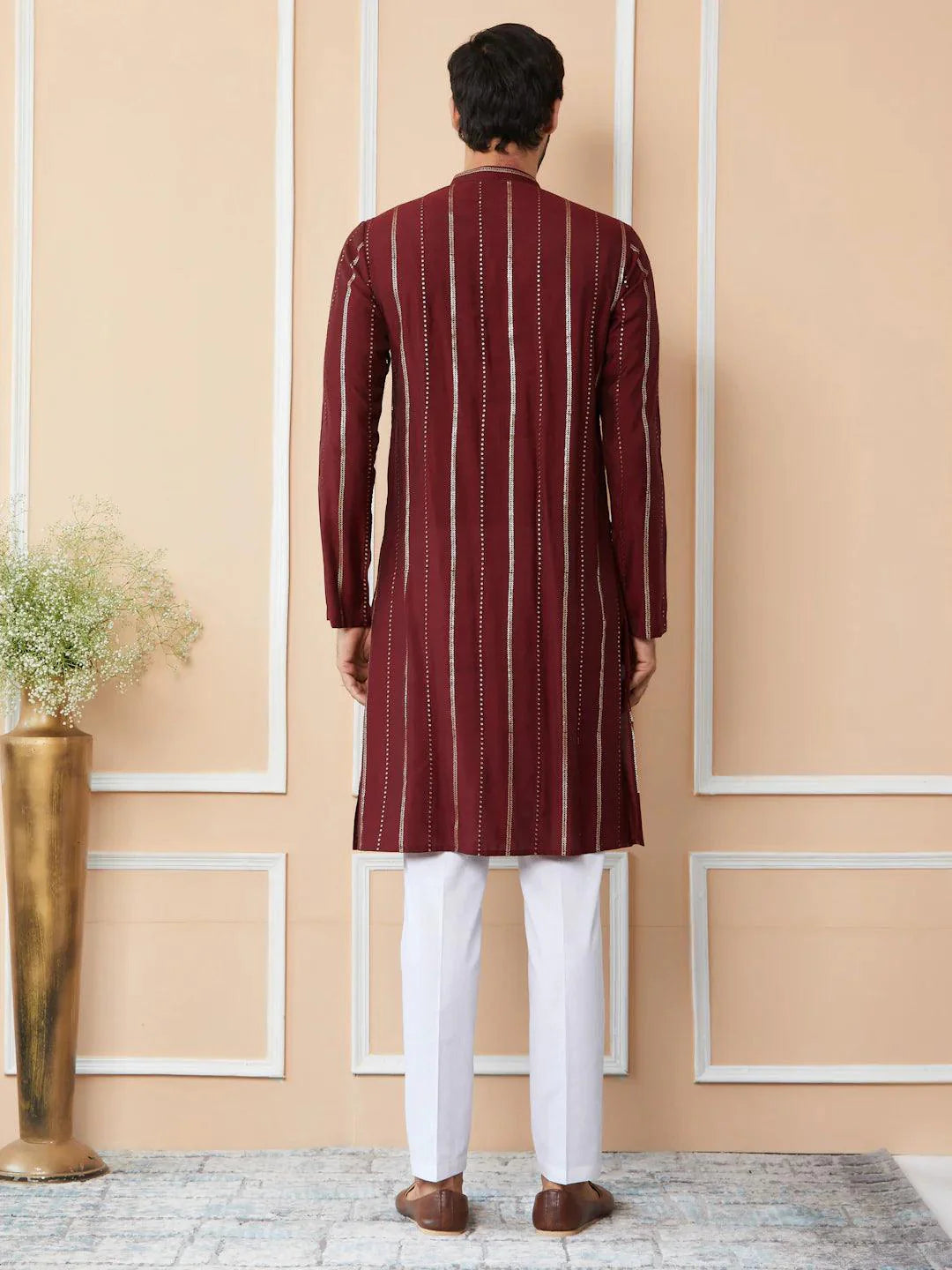 Fabmade Maroon Sequins Embroidered Pure Chanderi Silk Straight Kurta Pyjama - Distacart