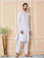 Thumbnail for Fabmade White Sequins Embroidered Rayon Straight Kurta Pyjama With Yoke Design - Distacart