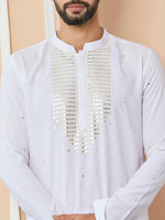 Thumbnail for Fabmade White Sequins Embroidered Rayon Straight Kurta Pyjama With Yoke Design - Distacart