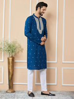 Thumbnail for Fabmade Radiate Elegance With Our Royal Blue Sequins Embroidered Kurta Pyjama - Distacart
