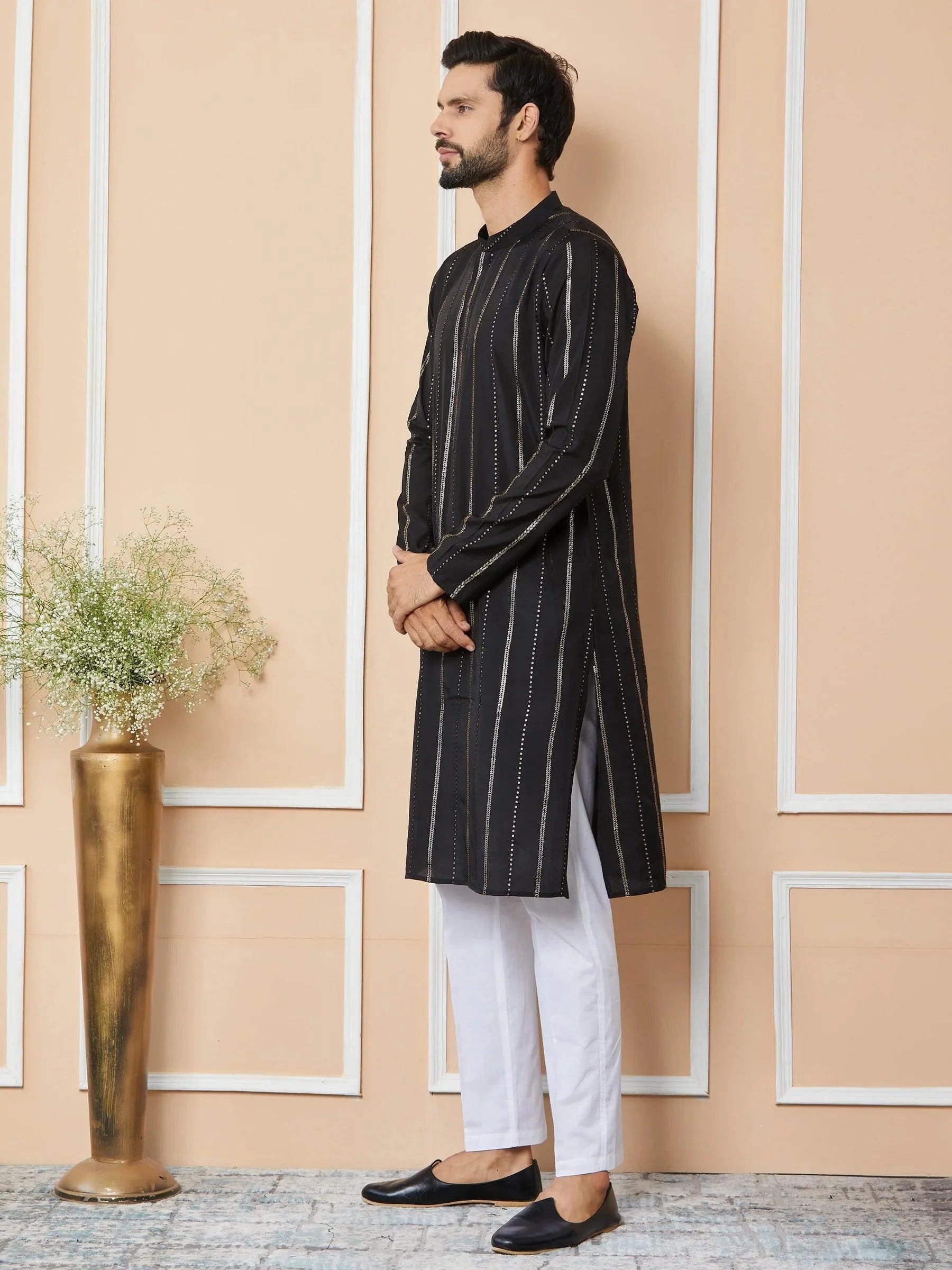 Fabmade Mandarin Collar Long Sleeves Sequined Straight Kurta - Distacart