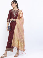 Thumbnail for Vishudh Women Burgundy Kurta with Trousers & With Dupatta - Distacart
