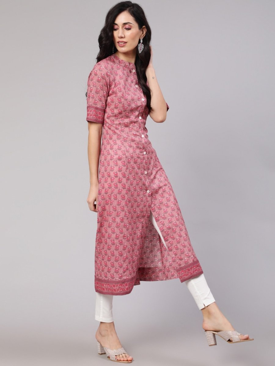 Aks Floral Printed Mandarin Collar A-line Kurta - Distacart