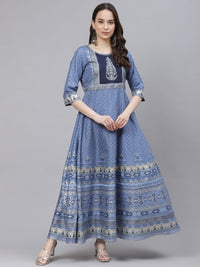 Thumbnail for AURELIA Blue & Beige Ethnic Motifs A-Line Maxi Dress