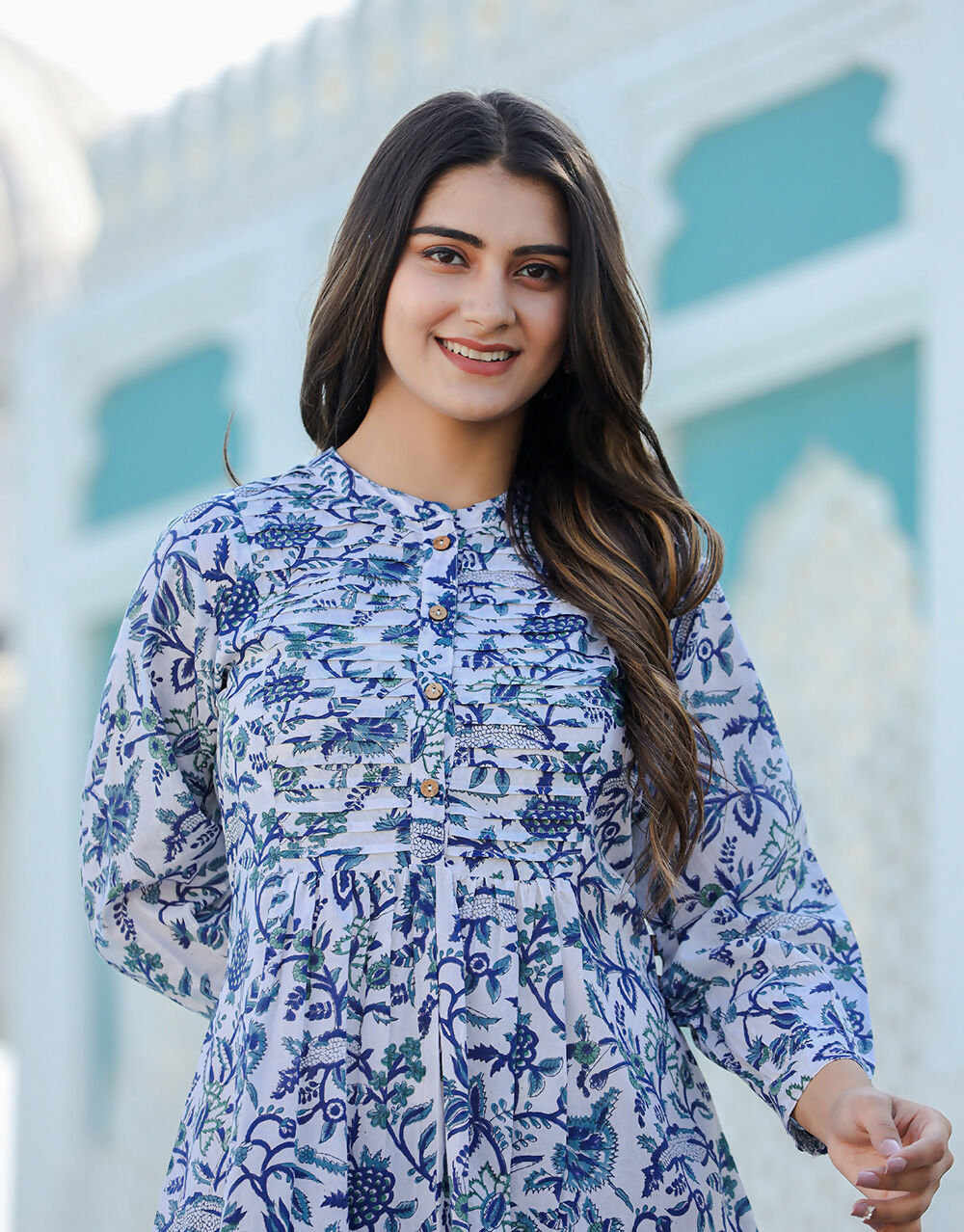 Kaajh Women's White-Blue Hand Block Printed Cotton Top - Distacart
