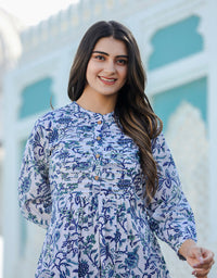 Thumbnail for Kaajh Women's White-Blue Hand Block Printed Cotton Top - Distacart