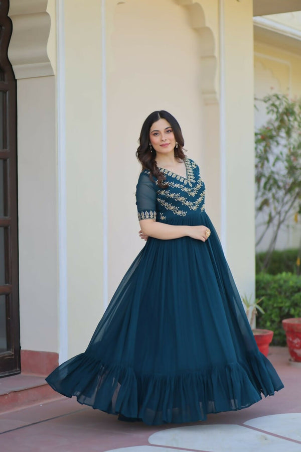 Teeya Creation Rama Color Faux Georgette Party Wear Hand Embroidery Work Long Gown