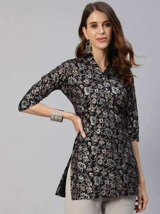 Anubhutee Navy Blue & Gold Ethnic Motifs Foil Printed Kurti - Distacart