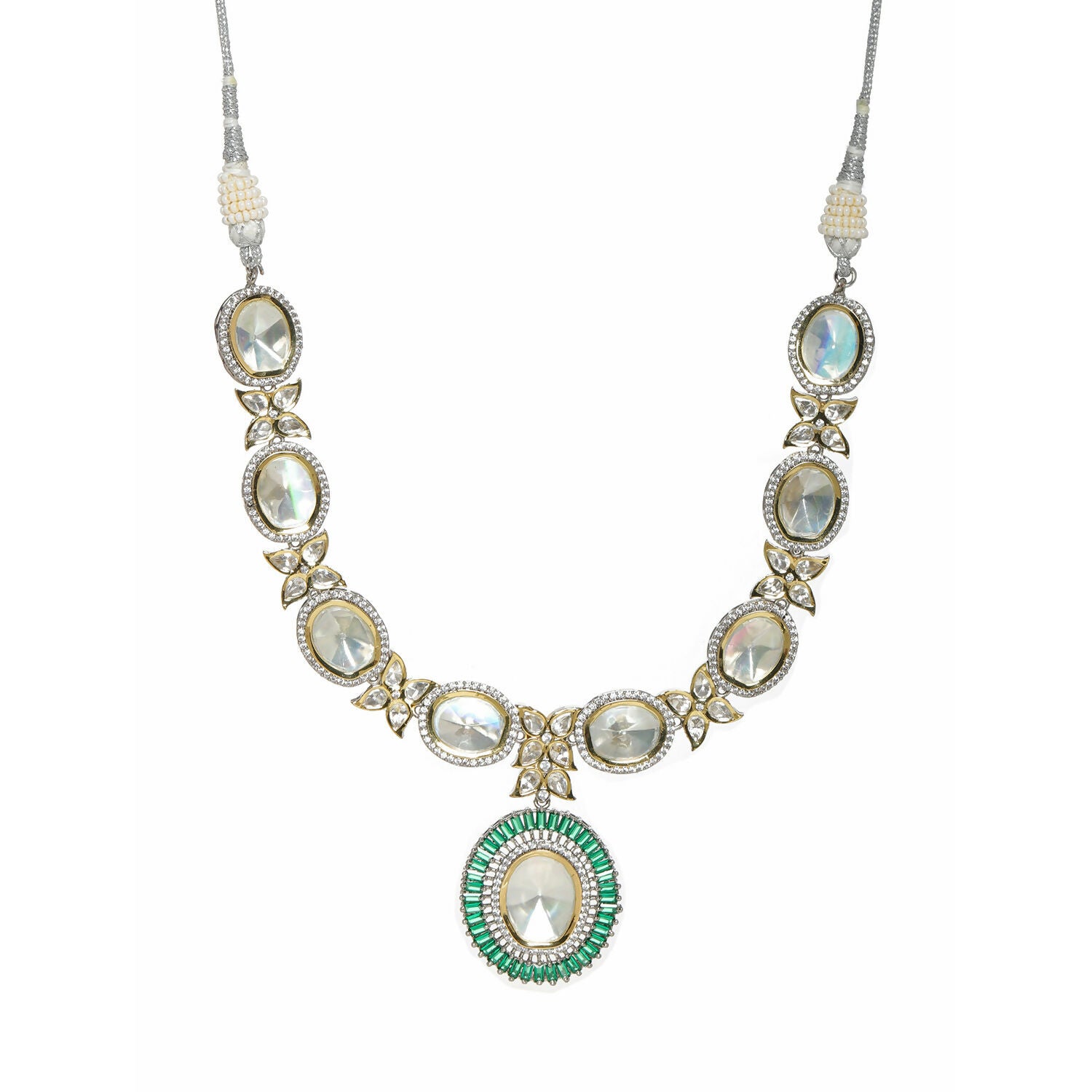 Gold and Silver Tone Neckpiece with Green Center Piece (Silver) - Ruby Raang - Distacart