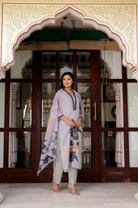 Thumbnail for Vaasva Women Grey Tabby Slik Print & Embroidered Kurta, Pant & Dupatta Straight - Distacart