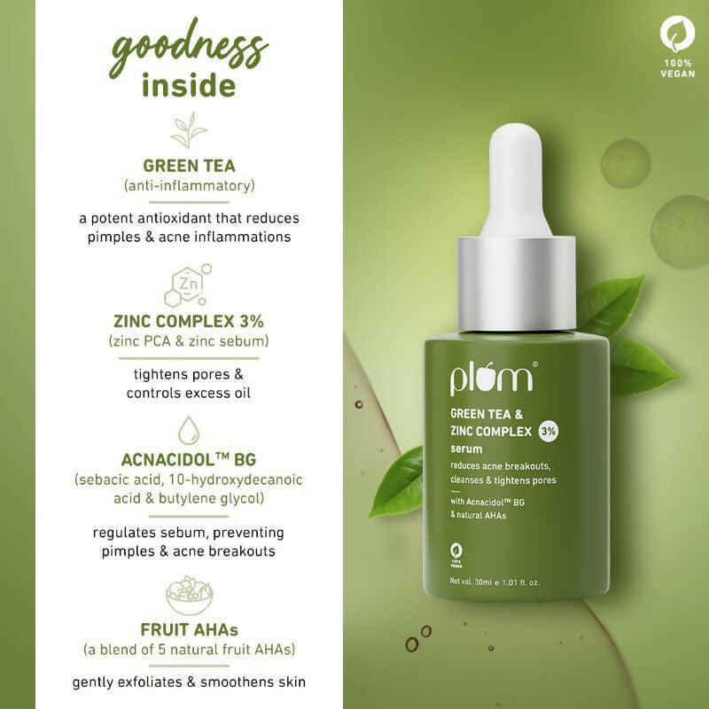 Plum Green Tea & 3% Zinc Complex Face Serum with Acnacidol BG - Fights Acne, Pimples & Controls Oil