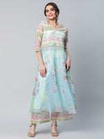 Thumbnail for Ahalyaa Women Sea Green Organza Romantic Florals Kurta Palazzo Set