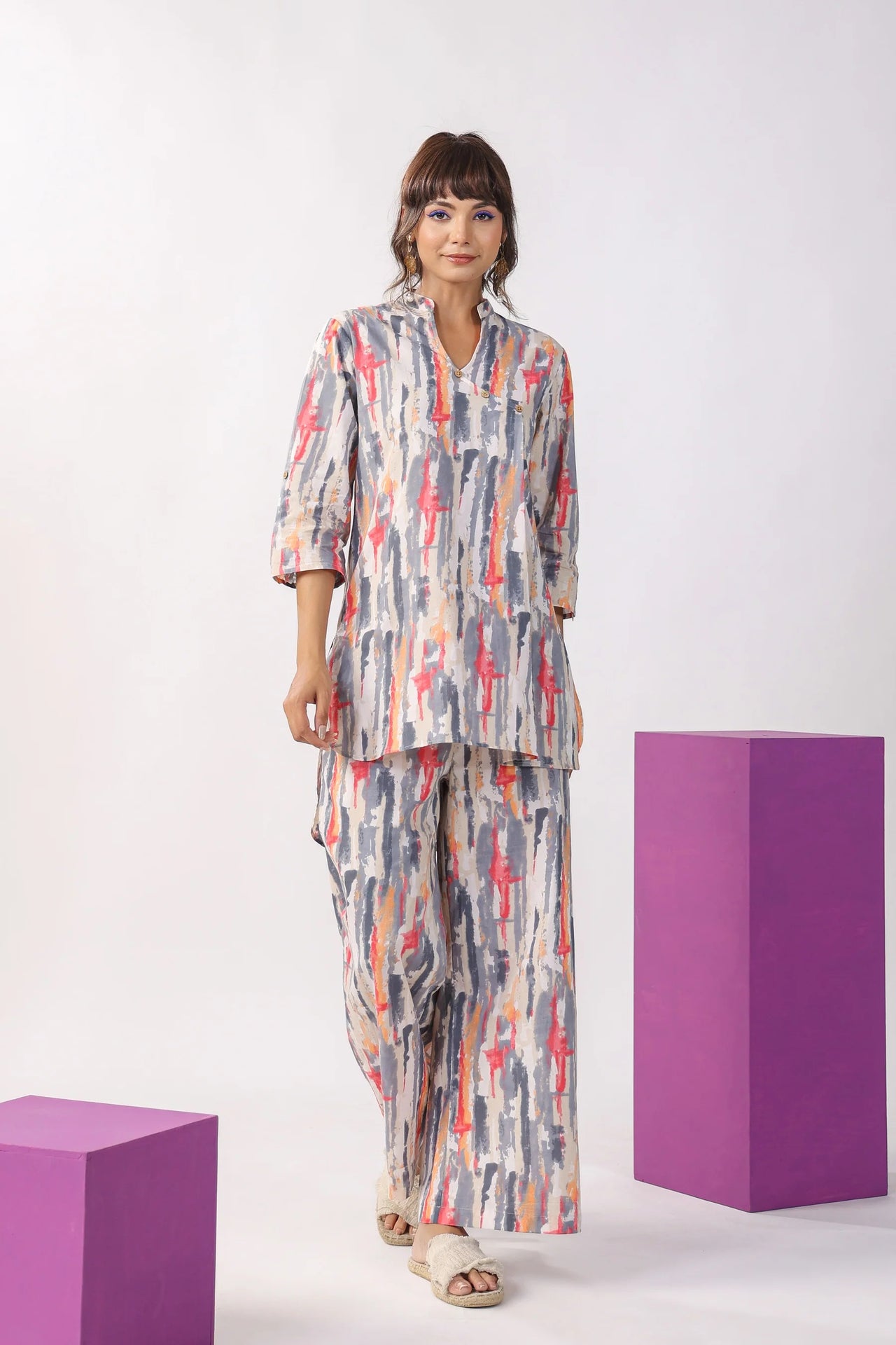 Indian Fashion Women Multicolour Printed Kurta And Pant Co Ord Set