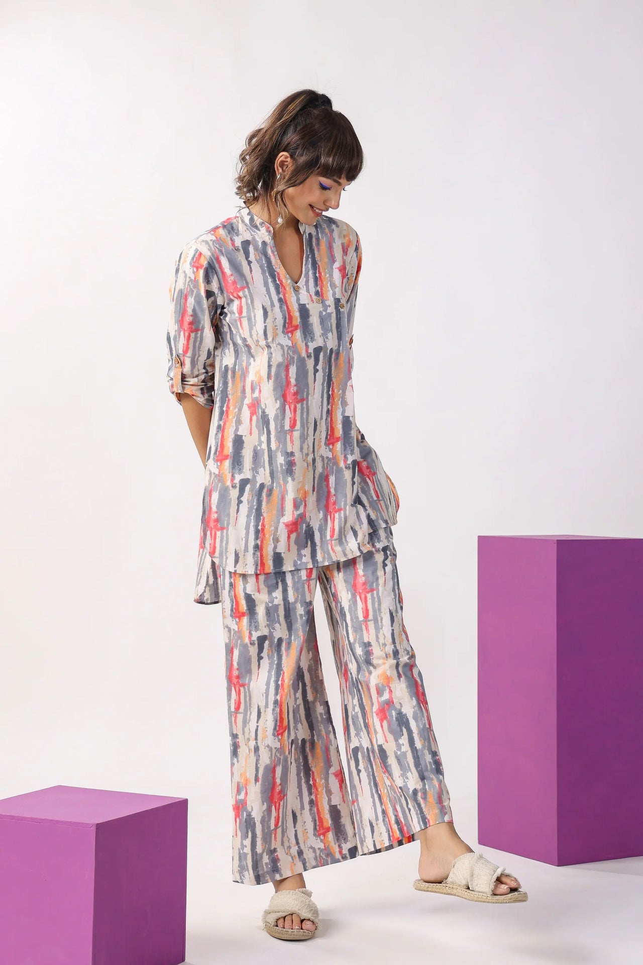 Indian Fashion Women Multicolour Printed Kurta And Pant Co Ord Set