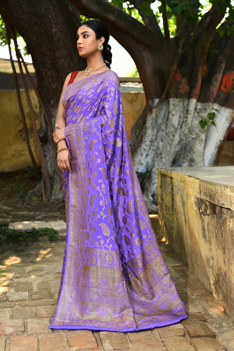 Joban Fashion Dark Lilac Crepe Chiffon Pure Handloom Banarasi Silk Saree