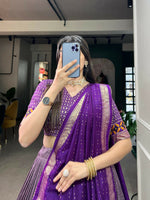 Thumbnail for Vastranavya Floral Print With Foil Print Tussar Silk Lehenga with Unstitched Blouse - Purple - Distacart