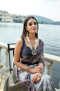 Thumbnail for Aastha Fashion Grey Floral Printed Cotton Silk Saree with Blouse - Distacart