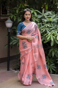 Thumbnail for Brick Pure Linen Ethnic Motifs Saree with Unstitched Blouse - A2M
