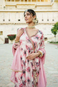 Thumbnail for Vaasva White Chinon Floral Embroidered Angrakha Anarkali, Pant & Dupatta set - Distacart