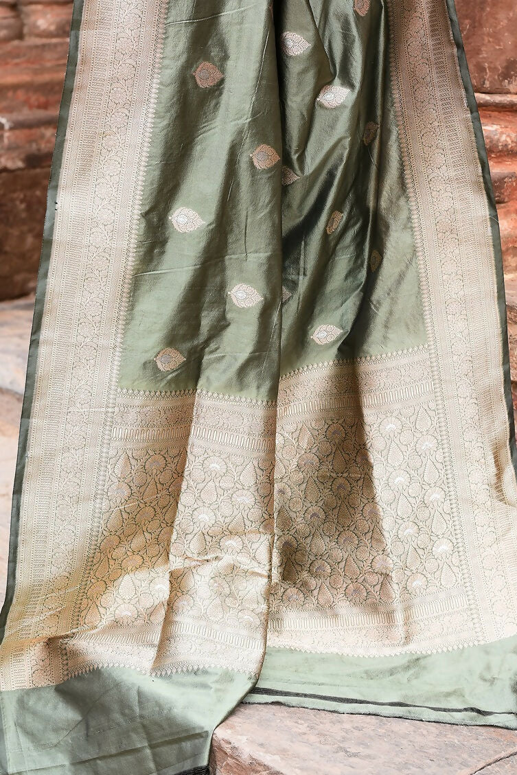 Joban Fashion Dusty Olive Banarasi Katan Pure Handloom Silk Saree