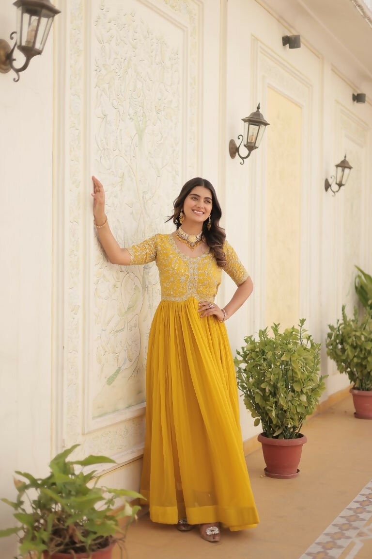 Aastha Fashion Women's Yellow Faux Blooming Embroidery Zari Sequins-work Gown