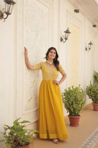 Thumbnail for Aastha Fashion Women's Yellow Faux Blooming Embroidery Zari Sequins-work Gown