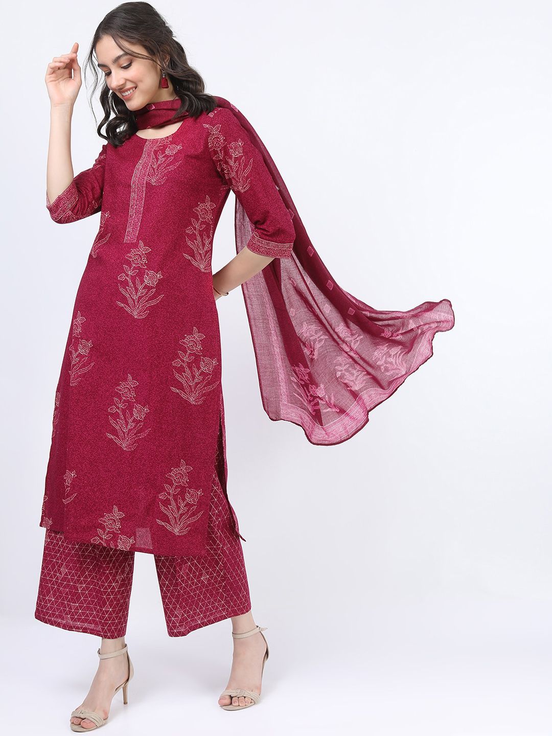 Vishudh Women Pink Ethnic Motifs Printed Pure Cotton Kurta with Palazzos & With Dupatta - Distacart