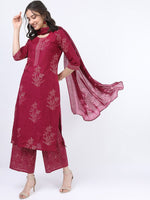 Thumbnail for Vishudh Women Pink Ethnic Motifs Printed Pure Cotton Kurta with Palazzos & With Dupatta - Distacart