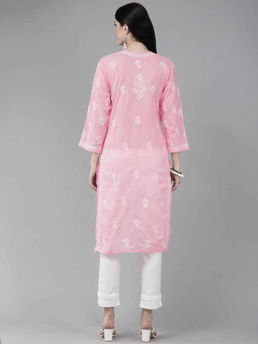 ADA Women Pink & White Ethnic Motifs Embroidered Chikankari Cotton Kurta - Distacart