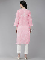 Thumbnail for ADA Women Pink & White Ethnic Motifs Embroidered Chikankari Cotton Kurta - Distacart