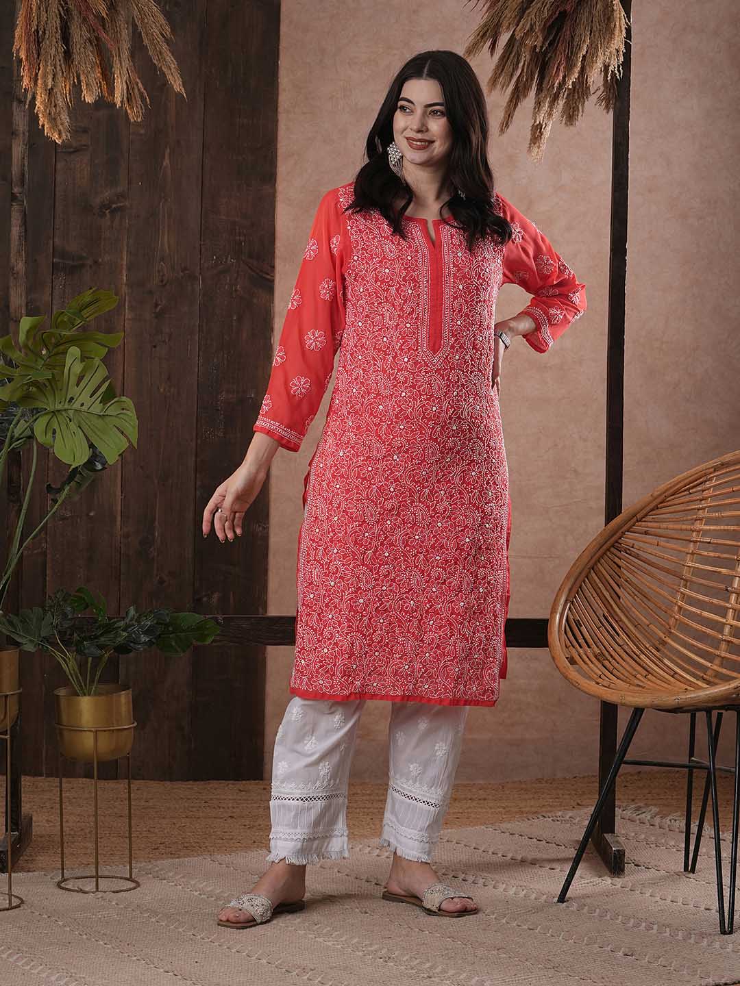 ADA Women Red & White Chikankari Hand Embroidered Semi-Sheer Straight Sustainable Handloom Kurta - Distacart