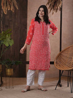 Thumbnail for ADA Women Red & White Chikankari Hand Embroidered Semi-Sheer Straight Sustainable Handloom Kurta - Distacart
