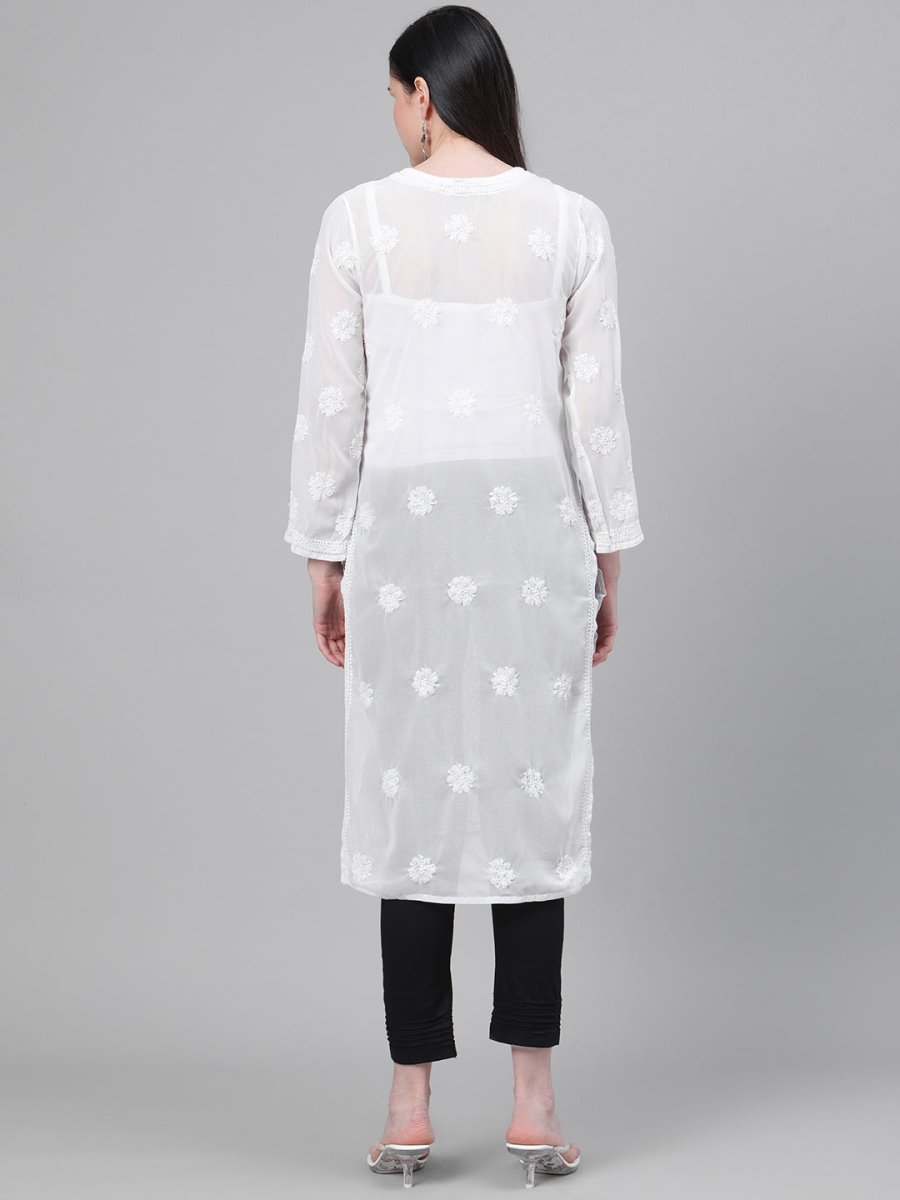ADA Women White & Black Chikankari Embroidered Sustainable Handloom Kurta with Trousers - Distacart