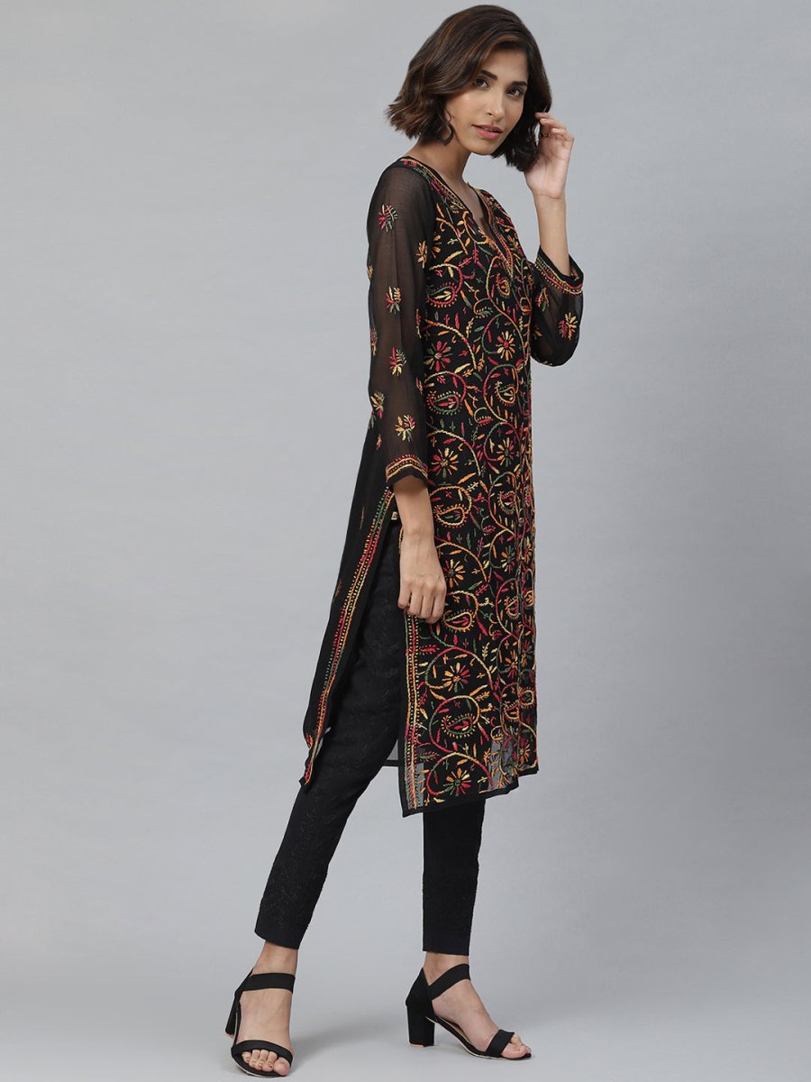 ADA Women Black & Mustard Yellow Chikankari Embroidered Sustainable Kurta with Trousers - Distacart