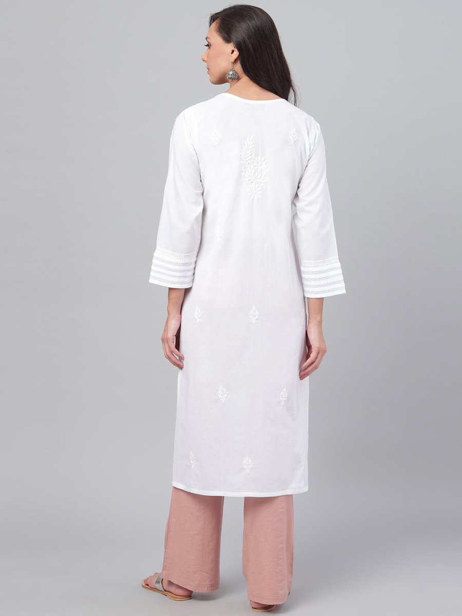 ADA Women White Chikankari Hand-Embroidered Straight Sustainable Handloom Kurta - Distacart