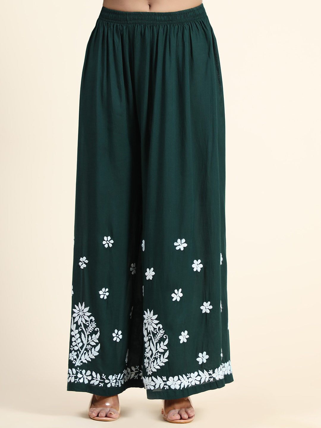 HOUSE OF KARI Women Green Floral Embroidered Chikankari Kurta with Palazzos - Distacart