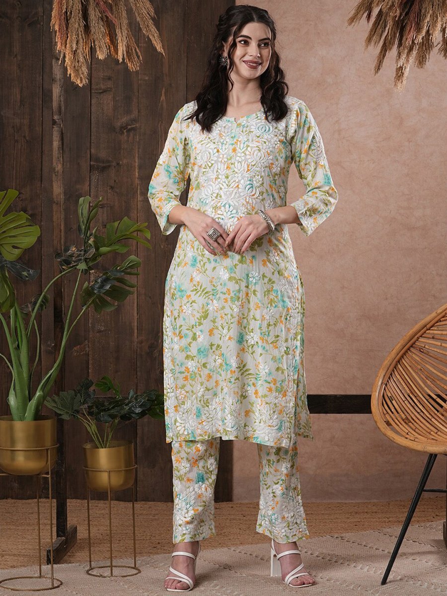 ADA Floral Printed Round Neck Regular Lucknowi Chikankari Kurta with Trousers - Distacart
