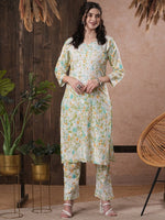 Thumbnail for ADA Floral Printed Round Neck Regular Lucknowi Chikankari Kurta with Trousers - Distacart